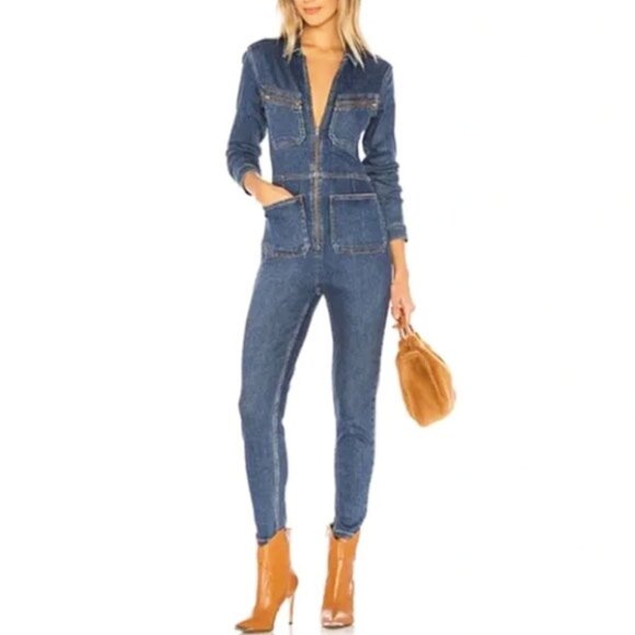 Free People Lennox Medium Wash Denim Skinny Utility Jumpsuit S 4/27 - Picture 1 of 15
